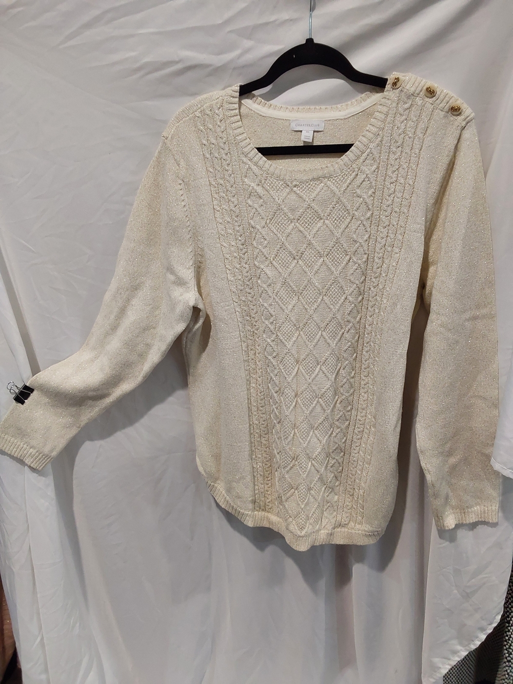 Charter Club Cream Cable-Knit Crewneck Sweater with Shoulder Buttons